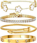 18K Gold Plated Women Tennis Bracelets Clover Nail Love Bangle Bracelet Set