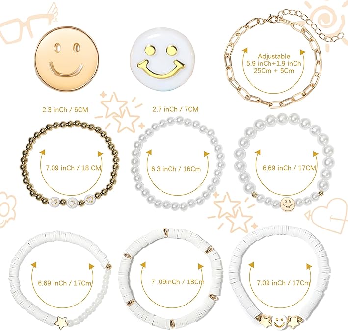 Colorful Beaded Bracelets Set White Gold Smile Heart Star Stackable Stretch Jewelry for Girls Women Teens