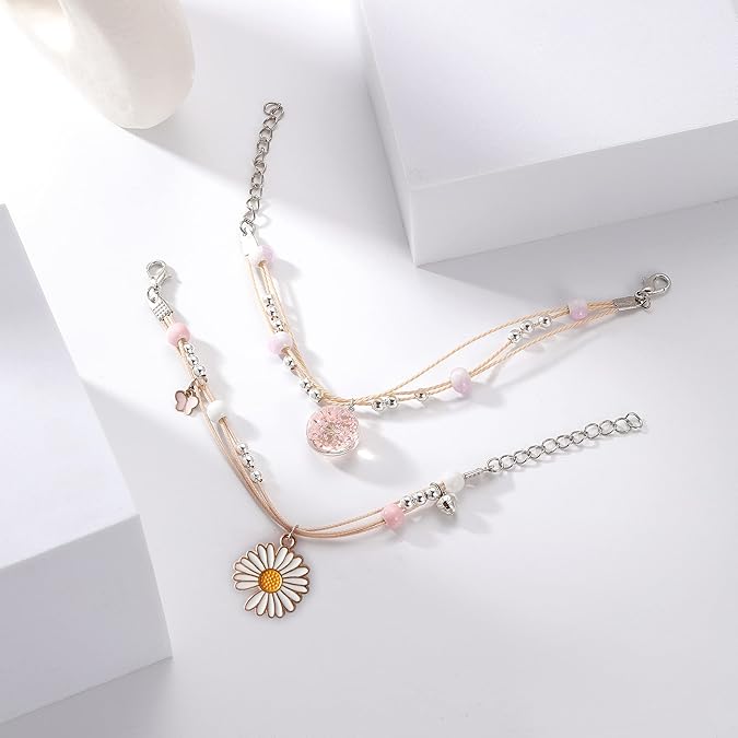 4PCS Beaded Charm Bracelets Set for Girls and Women Crystal Pearl Cartoon Charm Adjustable Stretch Bracelets