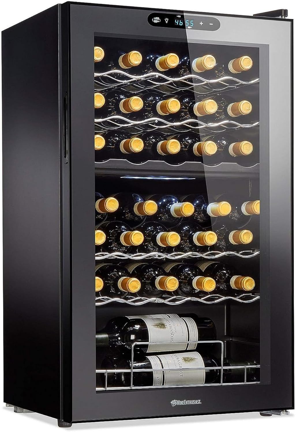 32 Bottle Dual Zone Compressor Wine Cooler – Freestanding Refrigerator with Digital Touchscreen & LED Display, Matte Black