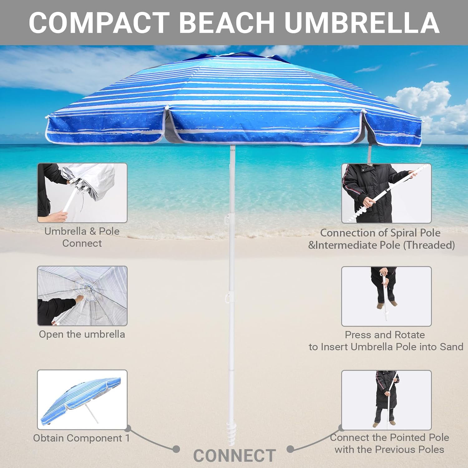 6.5ft Beach Umbrella - Heavy Duty Wind Resistant UV 50+ Portable Sun Shade with Sand Anchor & Carry Bag, Outdoor Folding Umbrella for Beach, Pool, Patio, Garden (Blue Stripe)