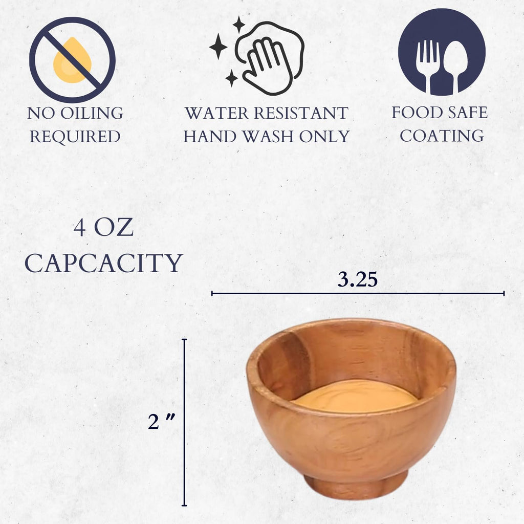 Set of 6 Acacia Wood Small Bowls – 4 fl oz Hand-Carved Dipping Bowls for Sauce, Salsa, Spices & Prep, 3.2 x 2 Inches