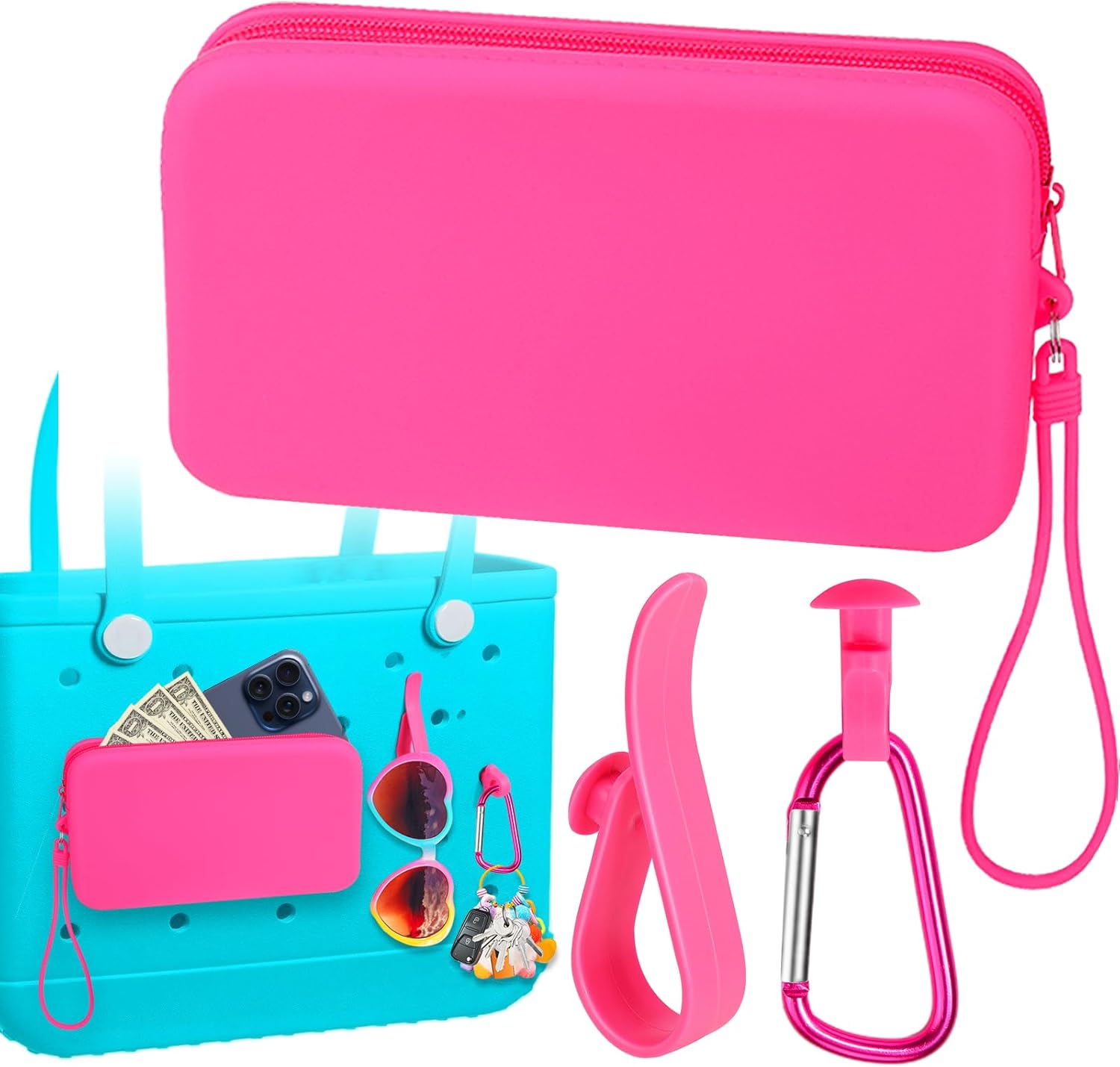Silicone Wallet for Bogg Bag Phone Holder, Accessories Set for Bogg Bag Contain 2PCS Key Holder and a Large Capacity Silicone Zipper Bag for Beach Bags