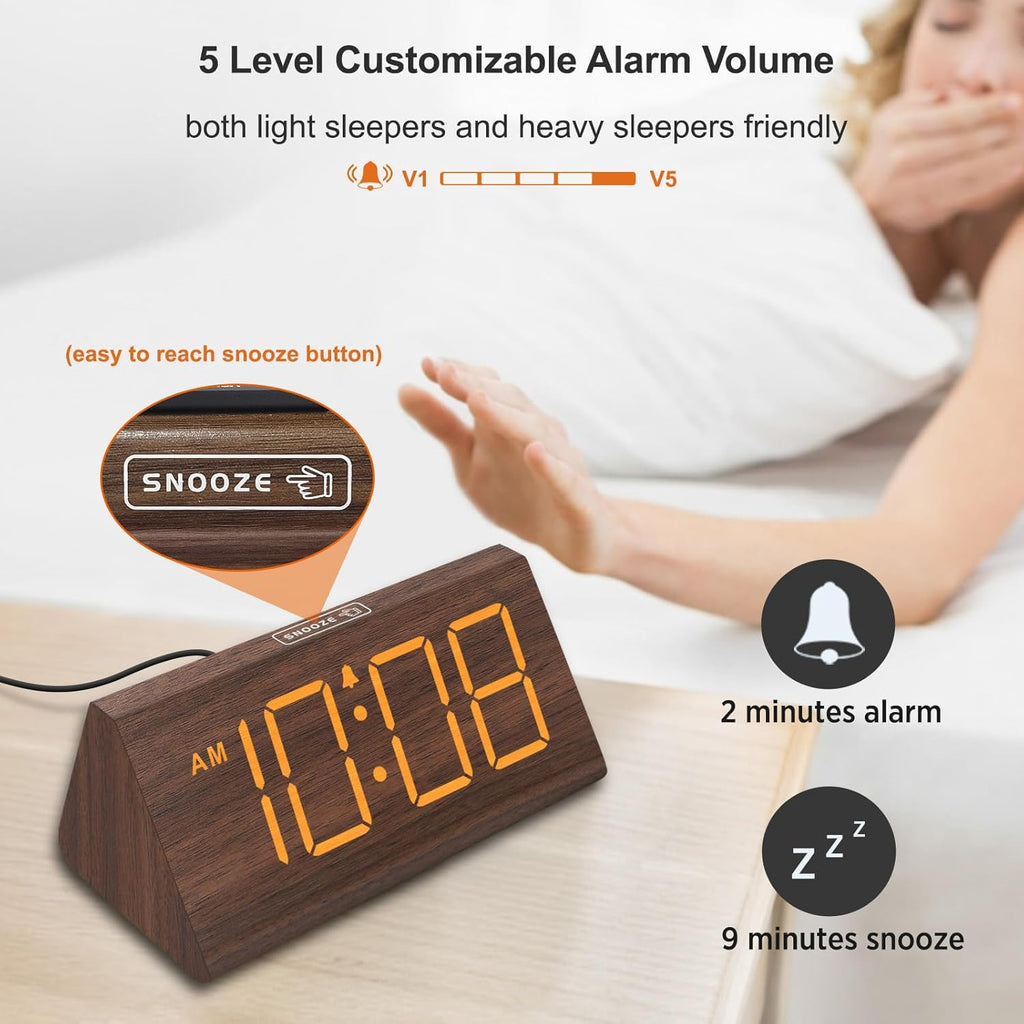 Wooden Digital Alarm Clock for Bedroom – LED Desk Clock with Large Display, USB Port, Adjustable Volume, Dimmer & Snooze, Adapter Powered
