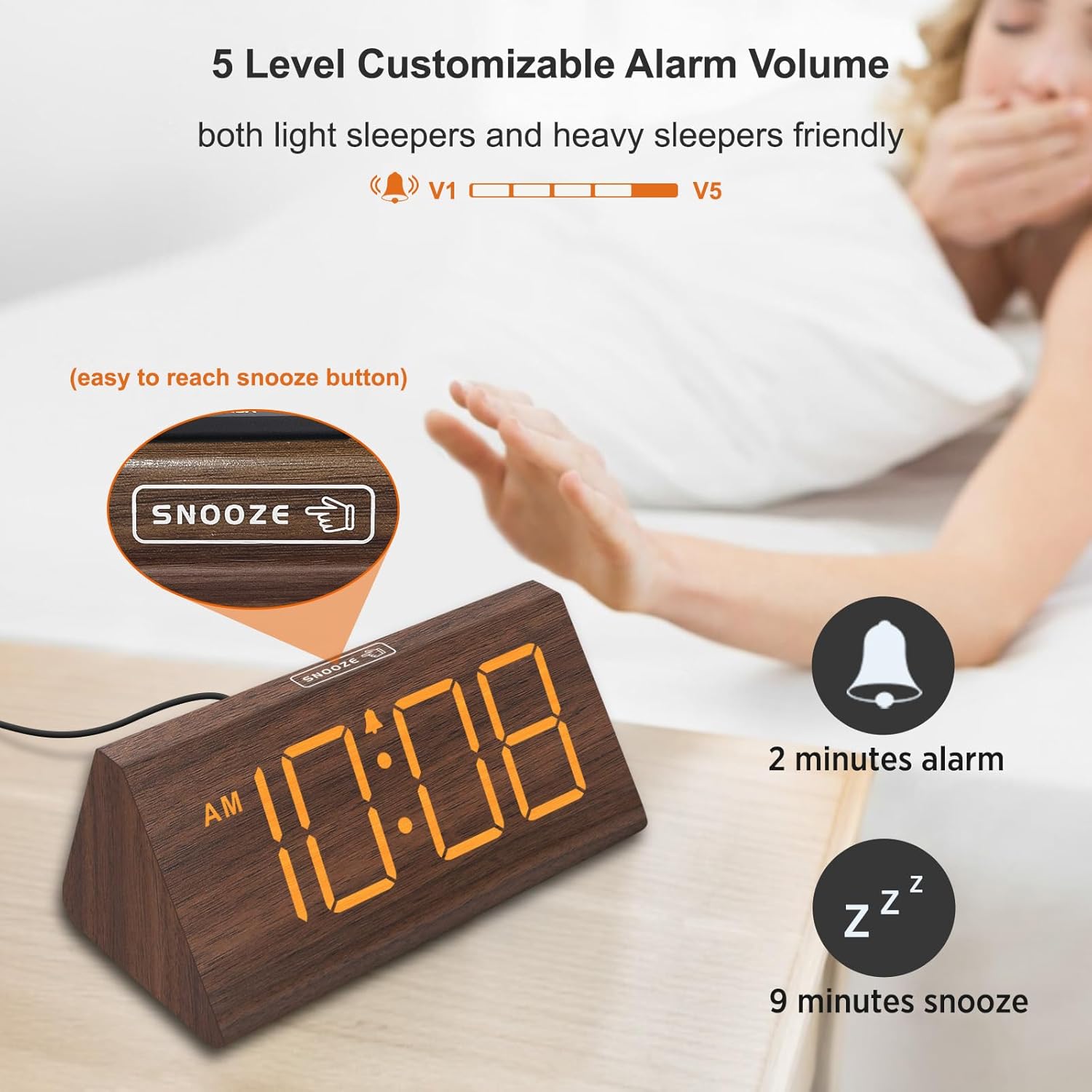 Wooden Digital Alarm Clock for Bedroom – LED Desk Clock with Large Display, USB Port, Adjustable Volume, Dimmer & Snooze, Adapter Powered