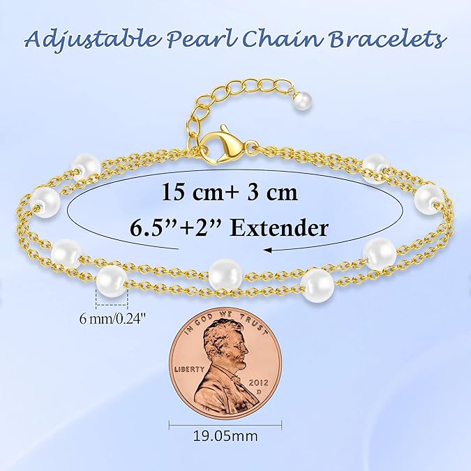 Gold Pearl Bracelet for Women Stainless Steel Layered Beaded Bracelet Adjustable Pearl Jewelry Gift