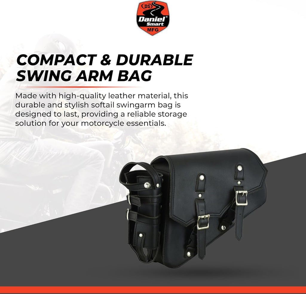 Black Leather Motorcycle Swingarm Bag with Bottle Holder & Utility Holster – Universal Fit