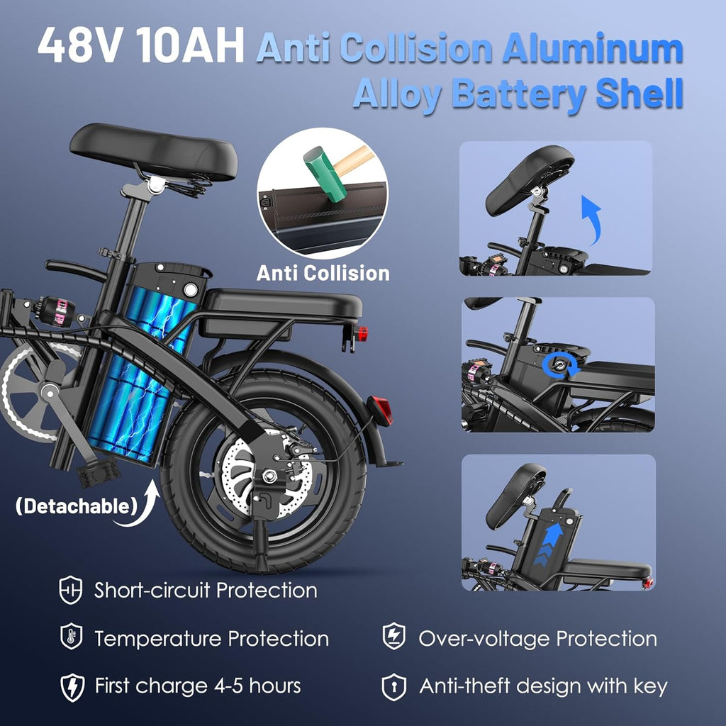 14" Folding Electric Bike for Adults & Teens – 750W Peak Motor, 20MPH, 30–35 Mile PAS Range, 48V Removable Battery, Commuter E-Bike