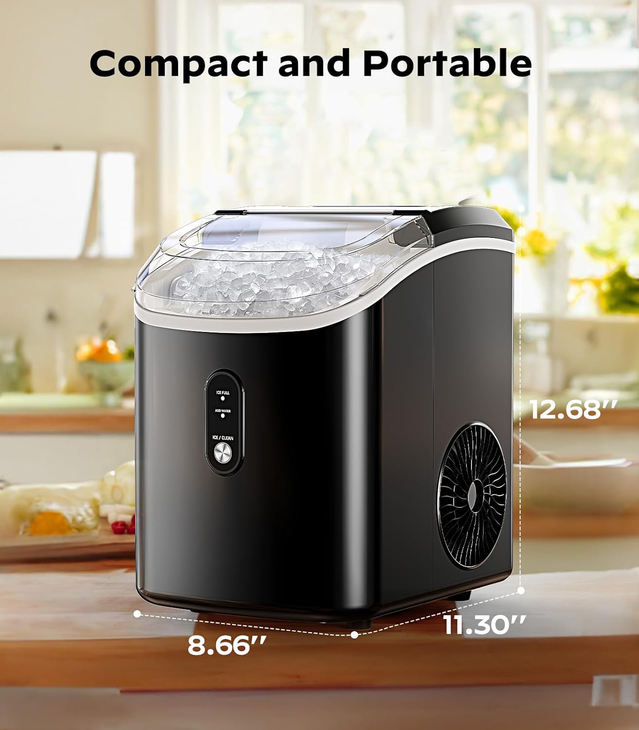 Countertop Nugget Ice Maker – 33 lbs/24H Portable Pellet Ice Machine with Self-Cleaning Function, Black