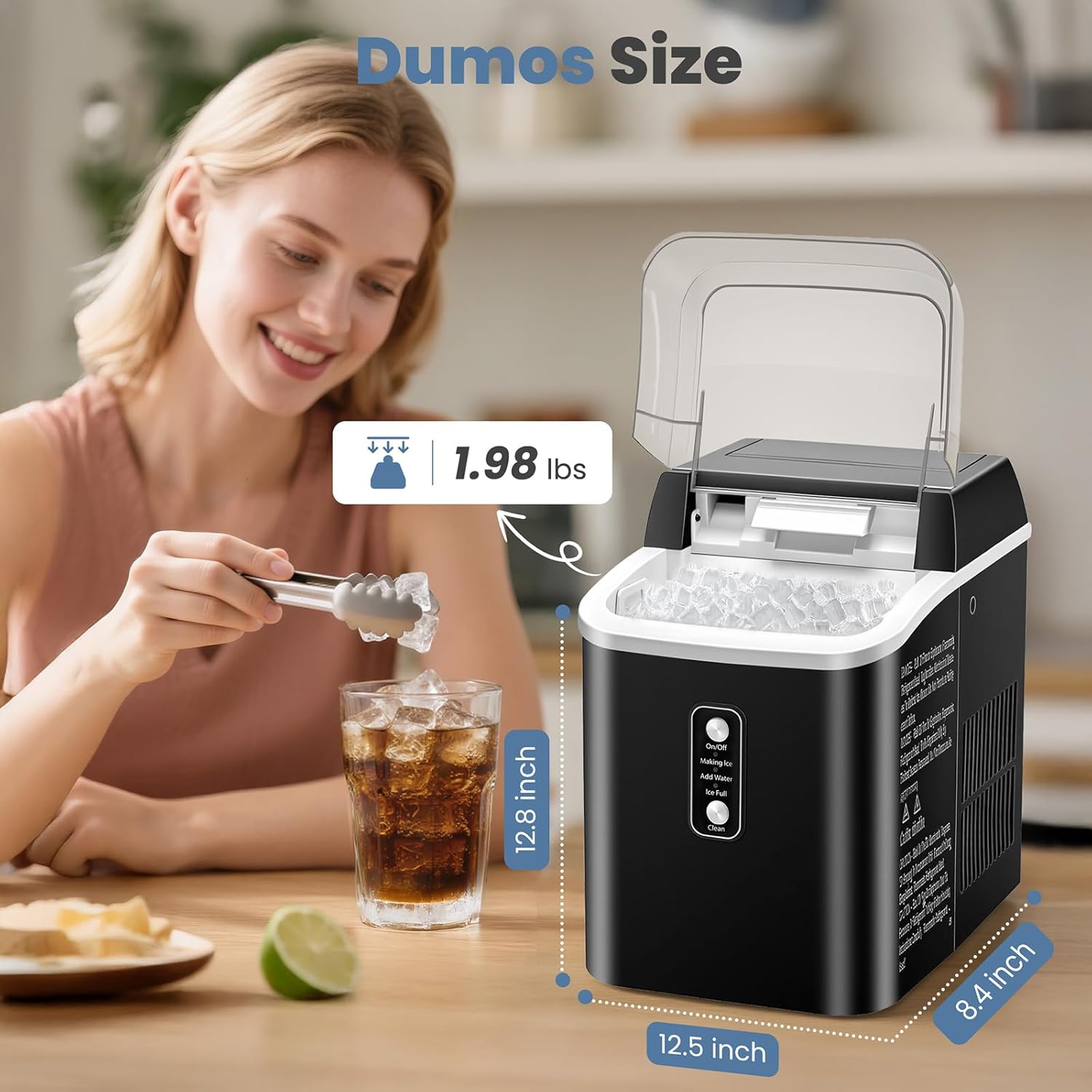 Portable Countertop Nugget Ice Maker – 1.55L Water Tank, Self-Cleaning Ice Machine, Black