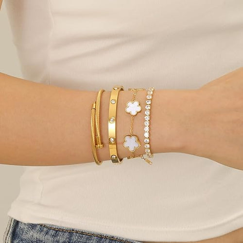 18K Gold Plated Women Tennis Bracelets Clover Nail Love Bangle Bracelet Set