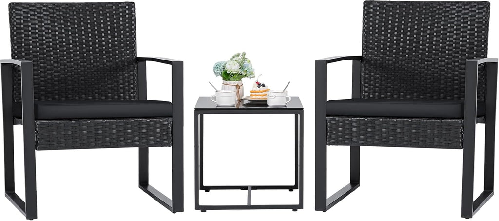 Flamaker 3 Pieces Outdoor Patio Wicker Furniture Set, Modern Rattan Chair Conversation Sets with Coffee Table for Yard and Bistro (Black)