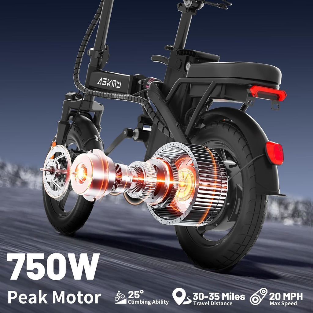 14" Folding Electric Bike for Adults & Teens – 750W Peak Motor, 20MPH, 30–35 Mile PAS Range, 48V Removable Battery, Commuter E-Bike