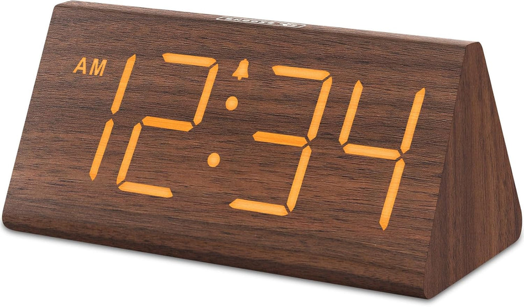 Wooden Digital Alarm Clock for Bedroom – LED Desk Clock with Large Display, USB Port, Adjustable Volume, Dimmer & Snooze, Adapter Powered