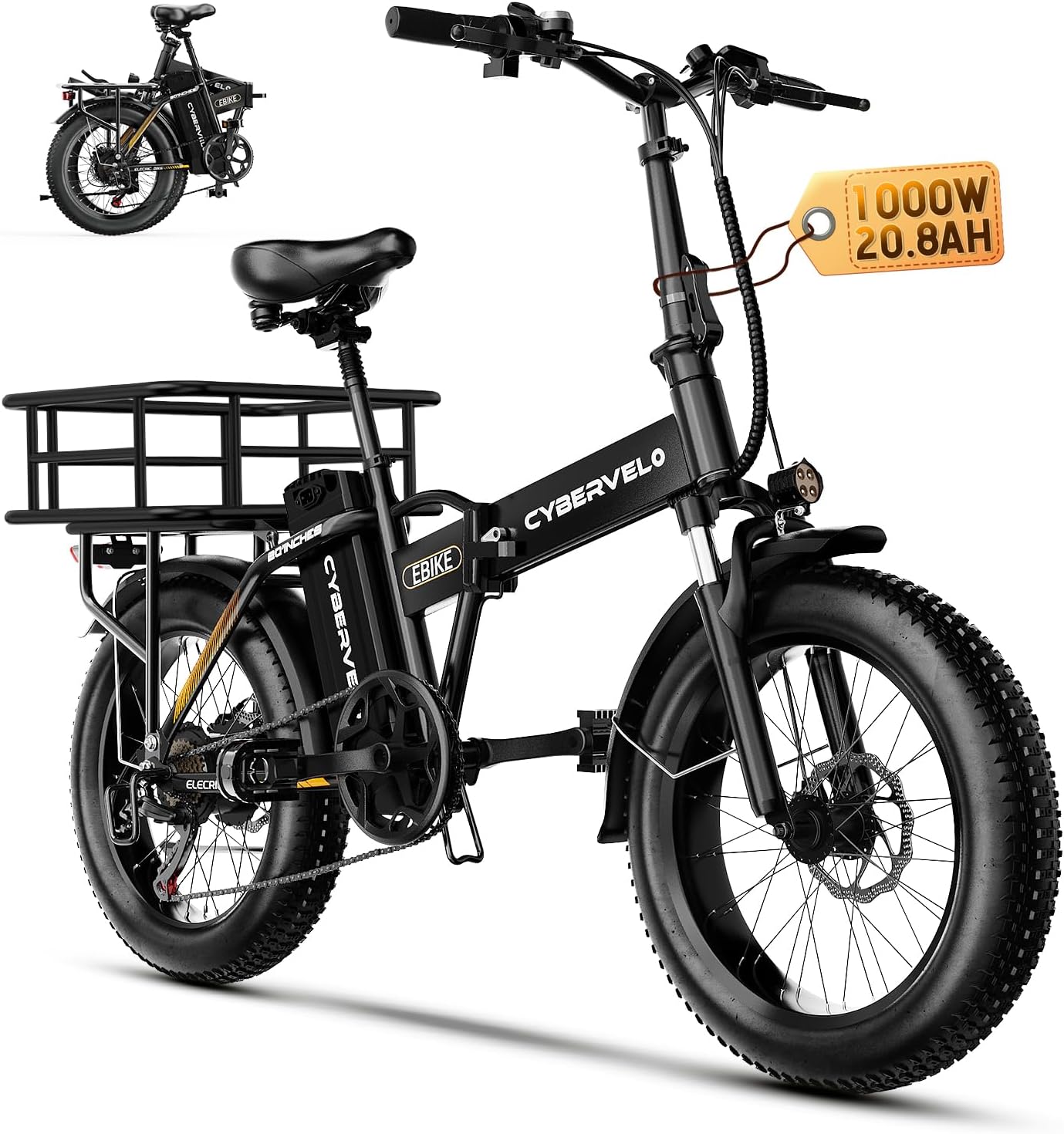 20" Folding Electric Bike for Adults – 1000W Motor, 48V 20.8Ah Removable Battery, Up to 80-Mile Range, 30MPH, Fat Tire E-Bike