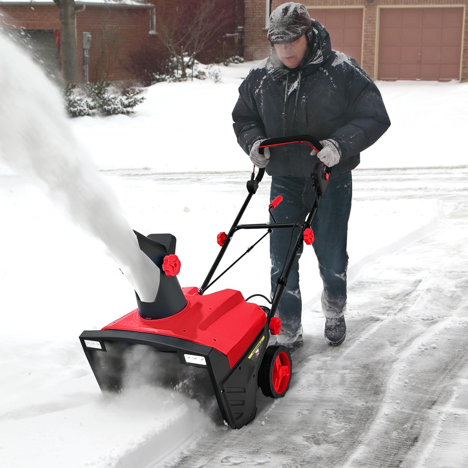 COSTWAY 20-Inch Electric Snow Blower – Corded Walk-Behind Snow Thrower with Dual LED Lights, 180° Rotating Chute, 30cm Depth, Red