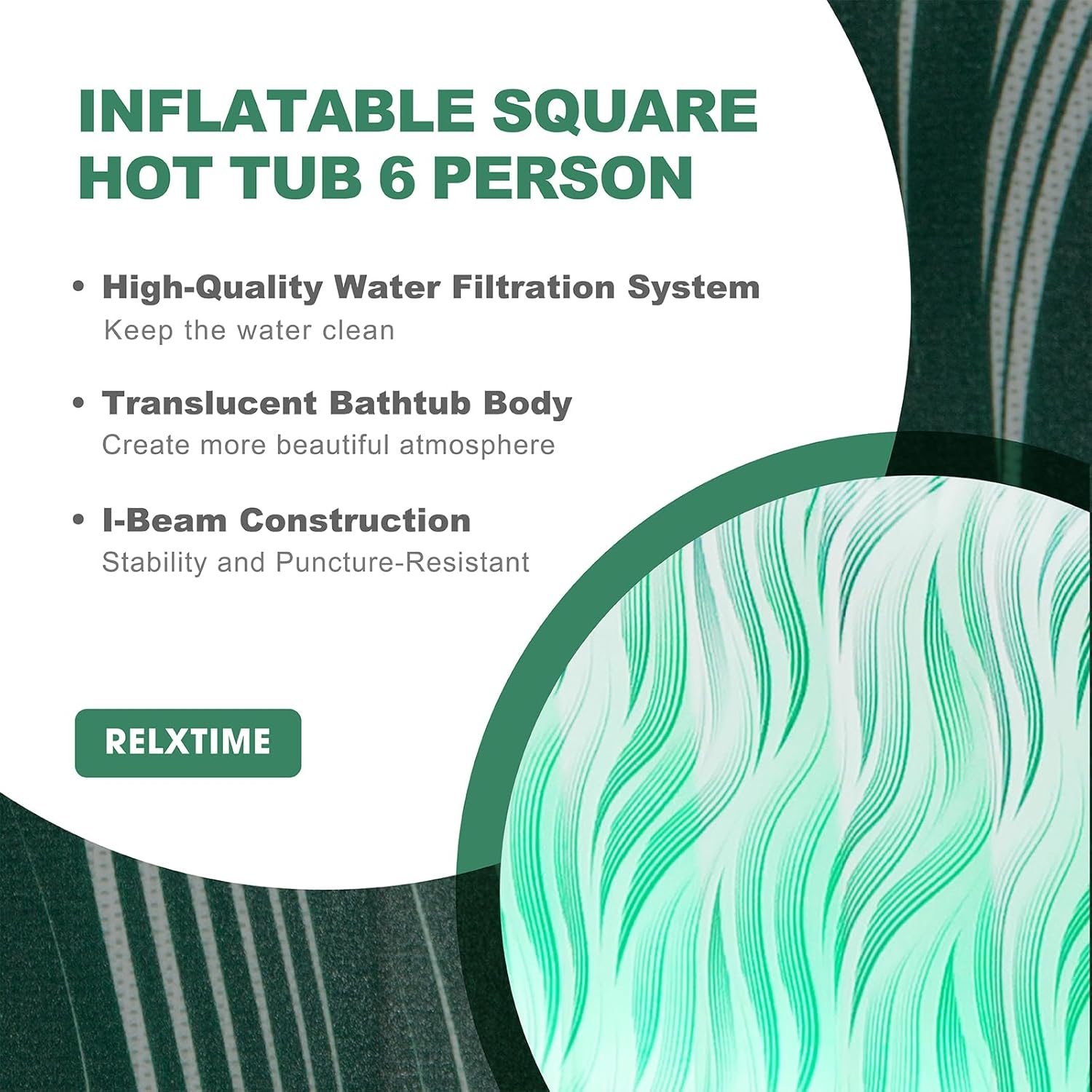 Portable Hot Tub 4 to 6 Person with LED Light, Inflatable Outdoor Spa, 130 Air Jets Built in Heater Pump, Blow Up Hottub for Relaxation, Green