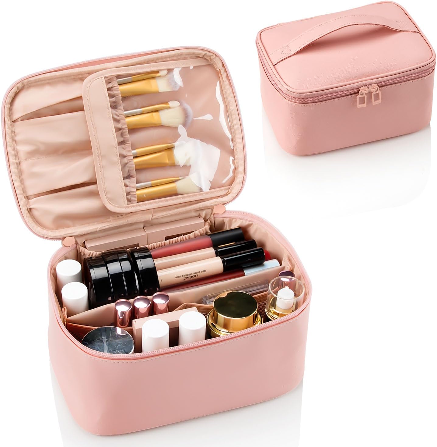 Travel Makeup Bag, Portable Cosmetic Bag with Makeup Brushes Organiser Large Capacity Toiletry Bags Holiday Essentials for Women, Pink