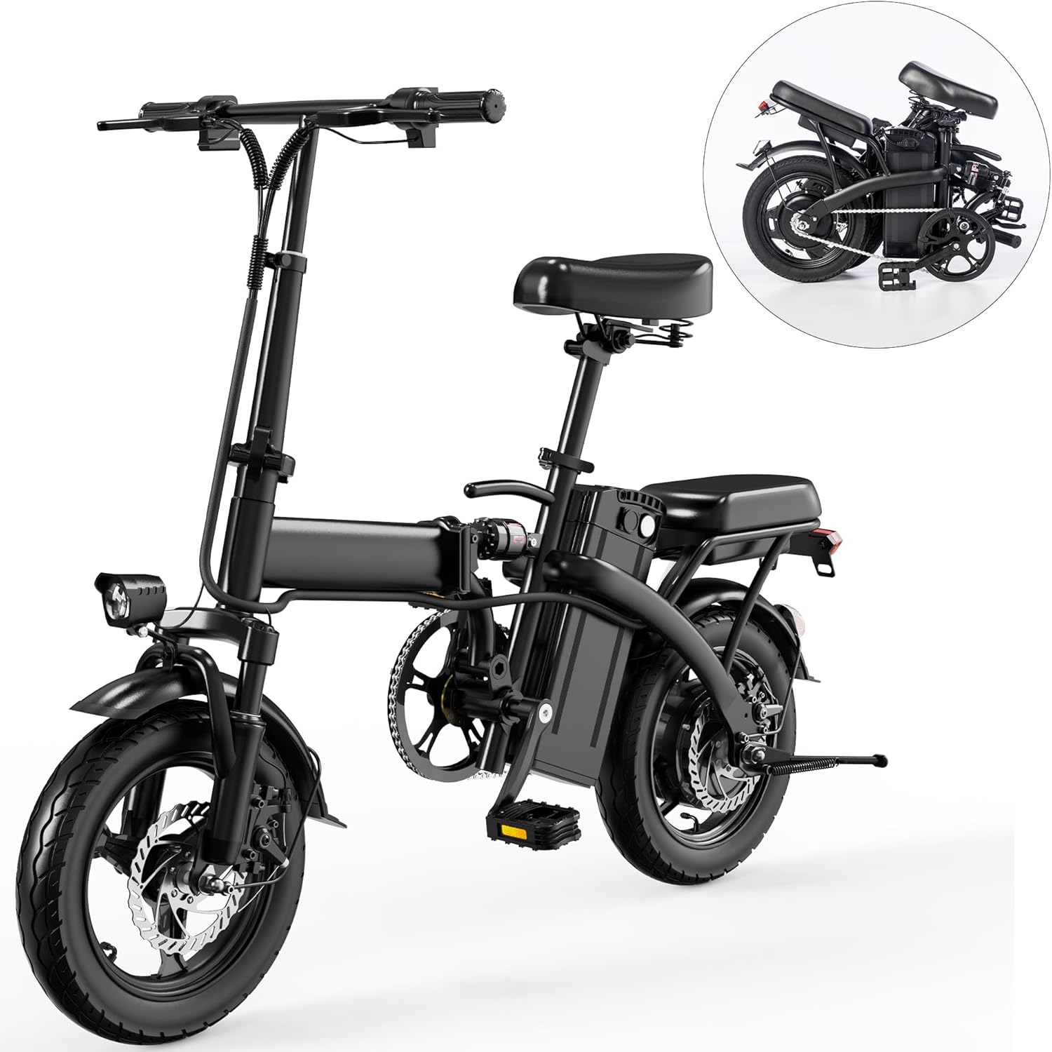 14" Folding Electric Bike – 330lb Load, 20MPH, 18–28 Mile Range, 48V Lithium Battery, Front Headlight, Disc Brake, Alloy Steel Frame