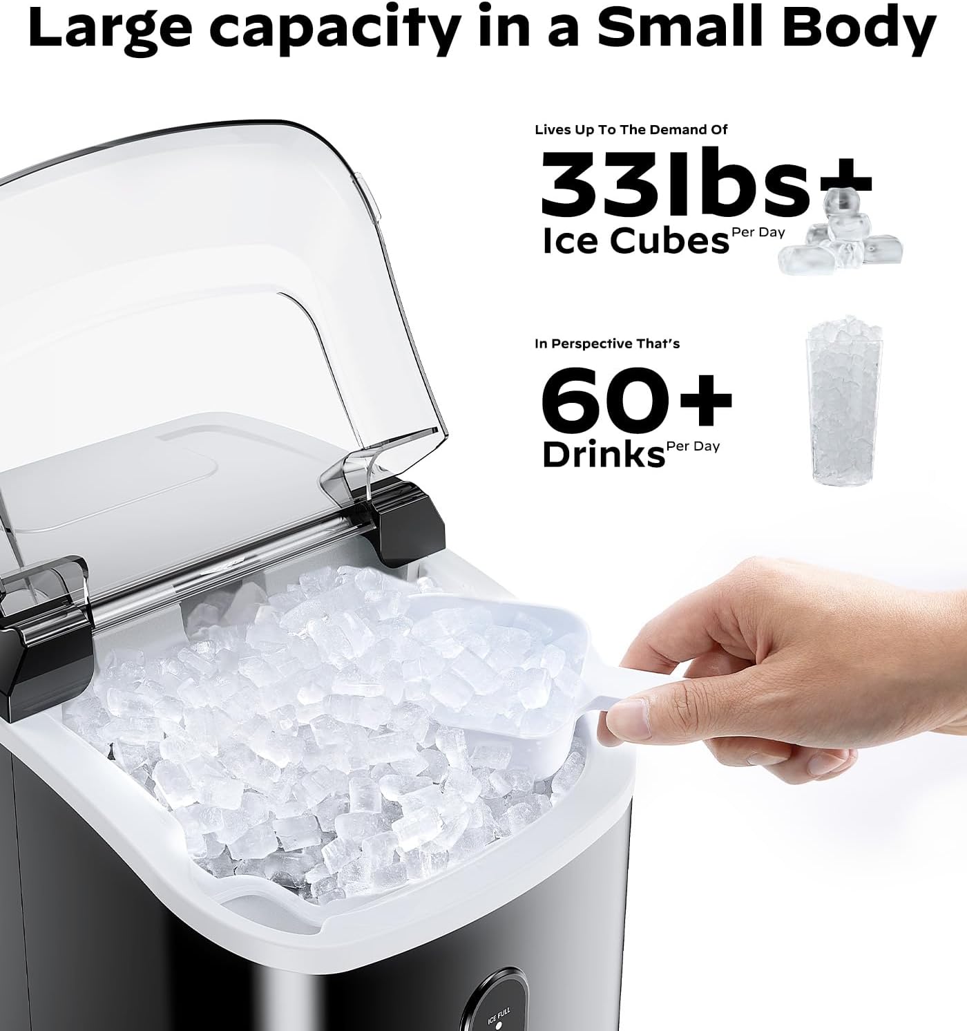 Countertop Nugget Ice Maker – 33 lbs/24H Portable Pellet Ice Machine with Self-Cleaning Function, Black