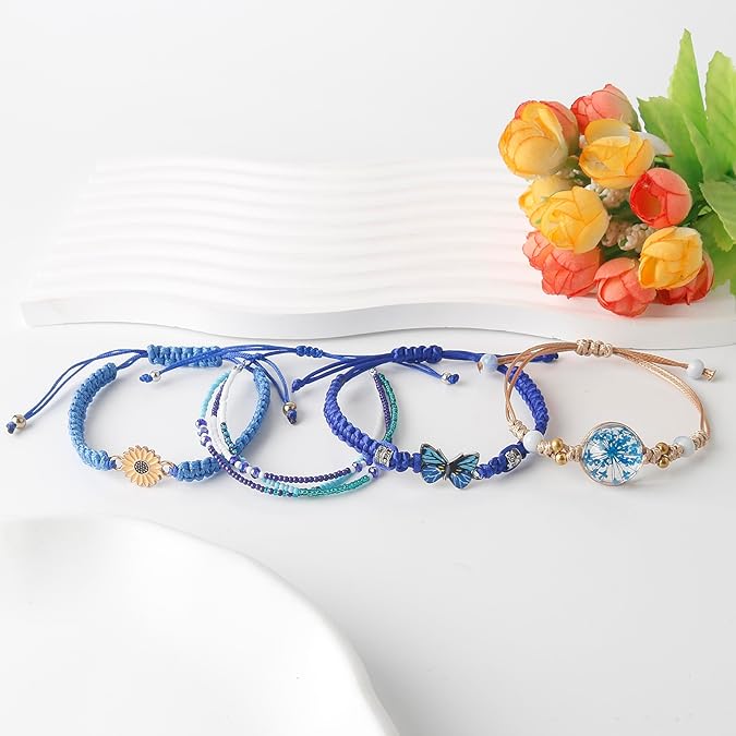 Girls Charm Bracelet Set 4 Pieces Butterfly Daisy Flower Beaded Rope Adjustable Friendship Bracelets