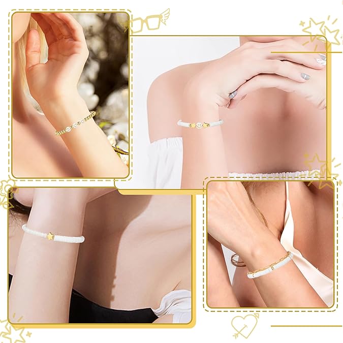 Colorful Beaded Bracelets Set White Gold Smile Heart Star Stackable Stretch Jewelry for Girls Women Teens