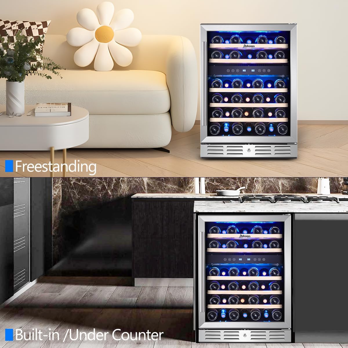 24-Inch Dual Zone Wine Cooler – 37 Bottle Built-In or Freestanding Refrigerator with Stainless Steel Reversible Glass Door