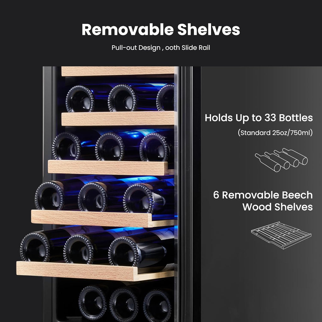 15-Inch 33 Bottle Wine Fridge – 40–65°F Built-In or Freestanding Refrigerator with Glass Door for Wine, Beer, Soda, Home Bar, Office