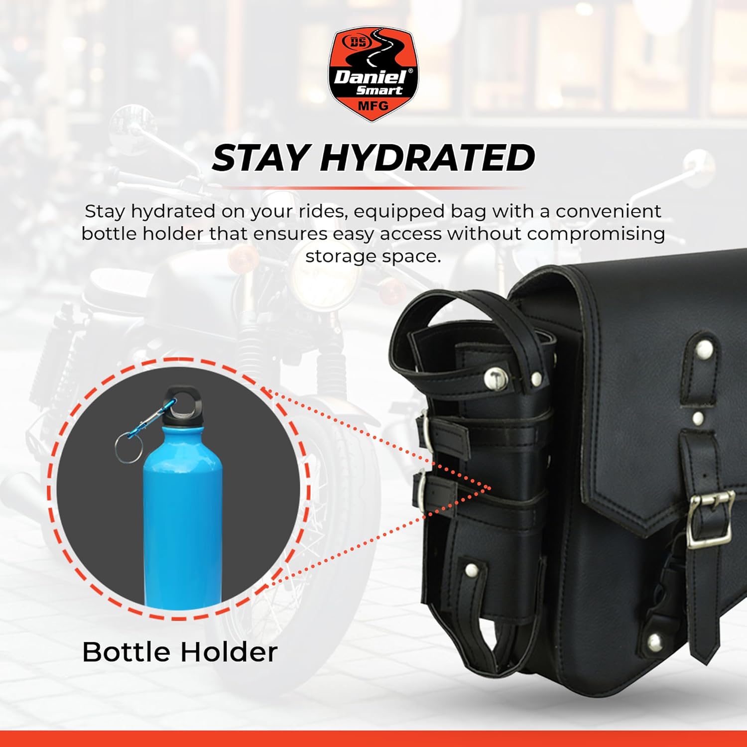 Black Leather Motorcycle Swingarm Bag with Bottle Holder & Utility Holster – Universal Fit