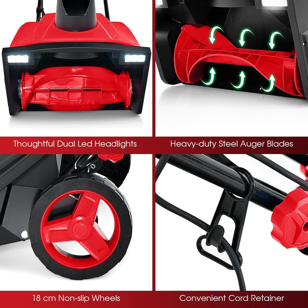 COSTWAY 20-Inch Electric Snow Blower – Corded Walk-Behind Snow Thrower with Dual LED Lights, 180° Rotating Chute, 30cm Depth, Red