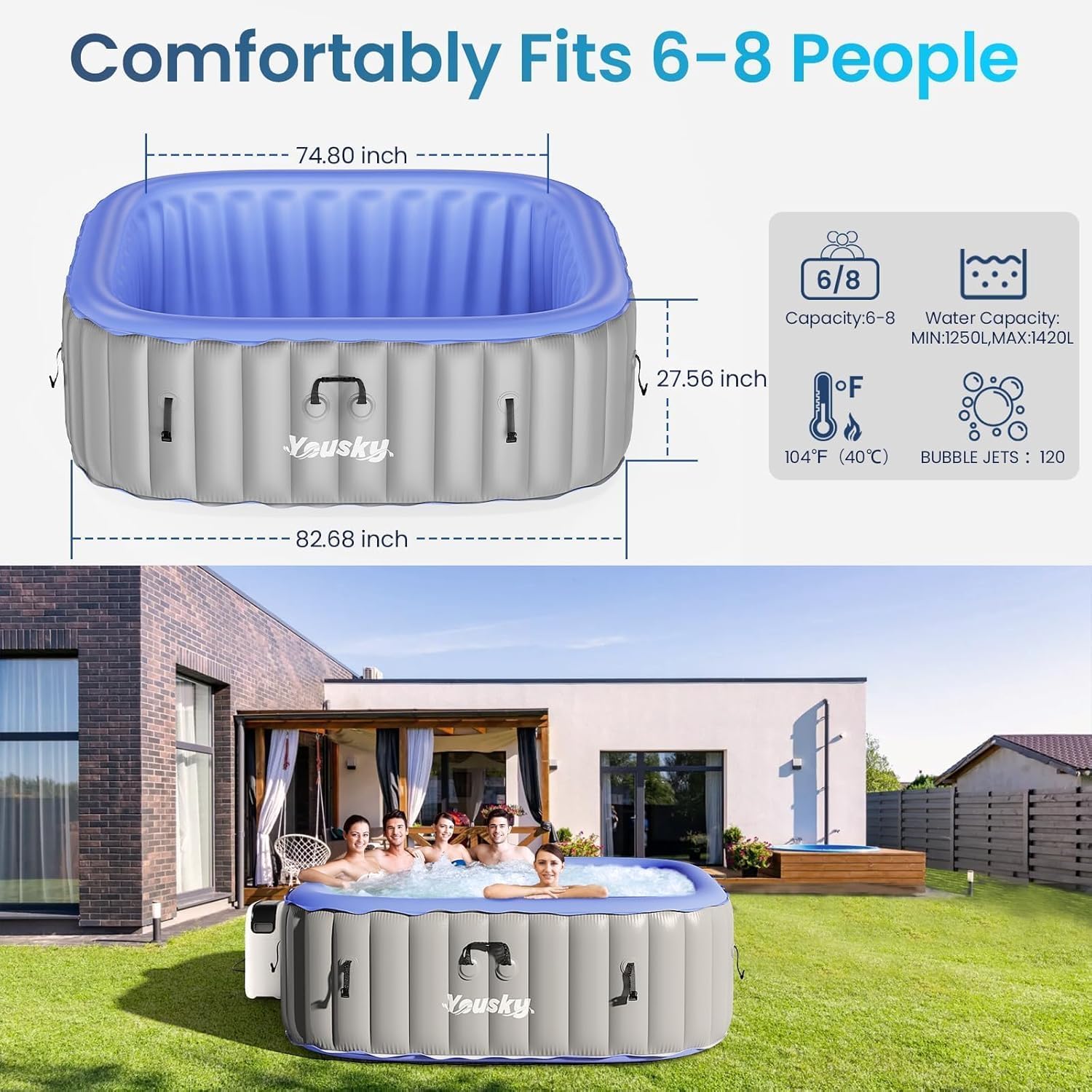 6–8 Person Inflatable Hot Tub – 120 Bubble Jets, 104℉ Heating & Filtration, Durable PVC, Includes Cover, 83"x83"x26", Indoor/Outdoor Use