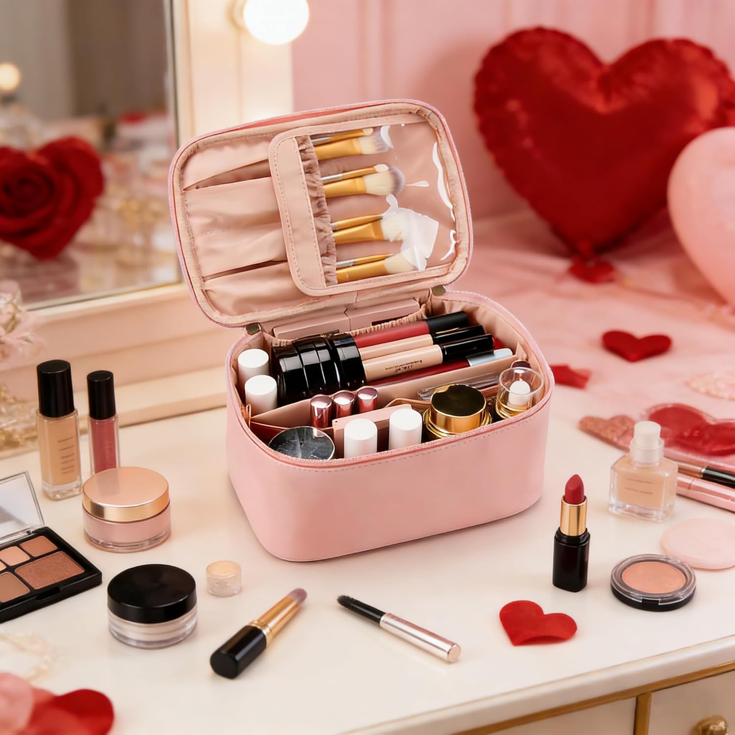 Travel Makeup Bag, Portable Cosmetic Bag with Makeup Brushes Organiser Large Capacity Toiletry Bags Holiday Essentials for Women, Pink