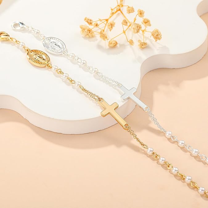Catholic Rosary Bracelet for Women and Girls Simulated Pearl Beads Virgin Mary Medal Cross Charm Adjustable Chain