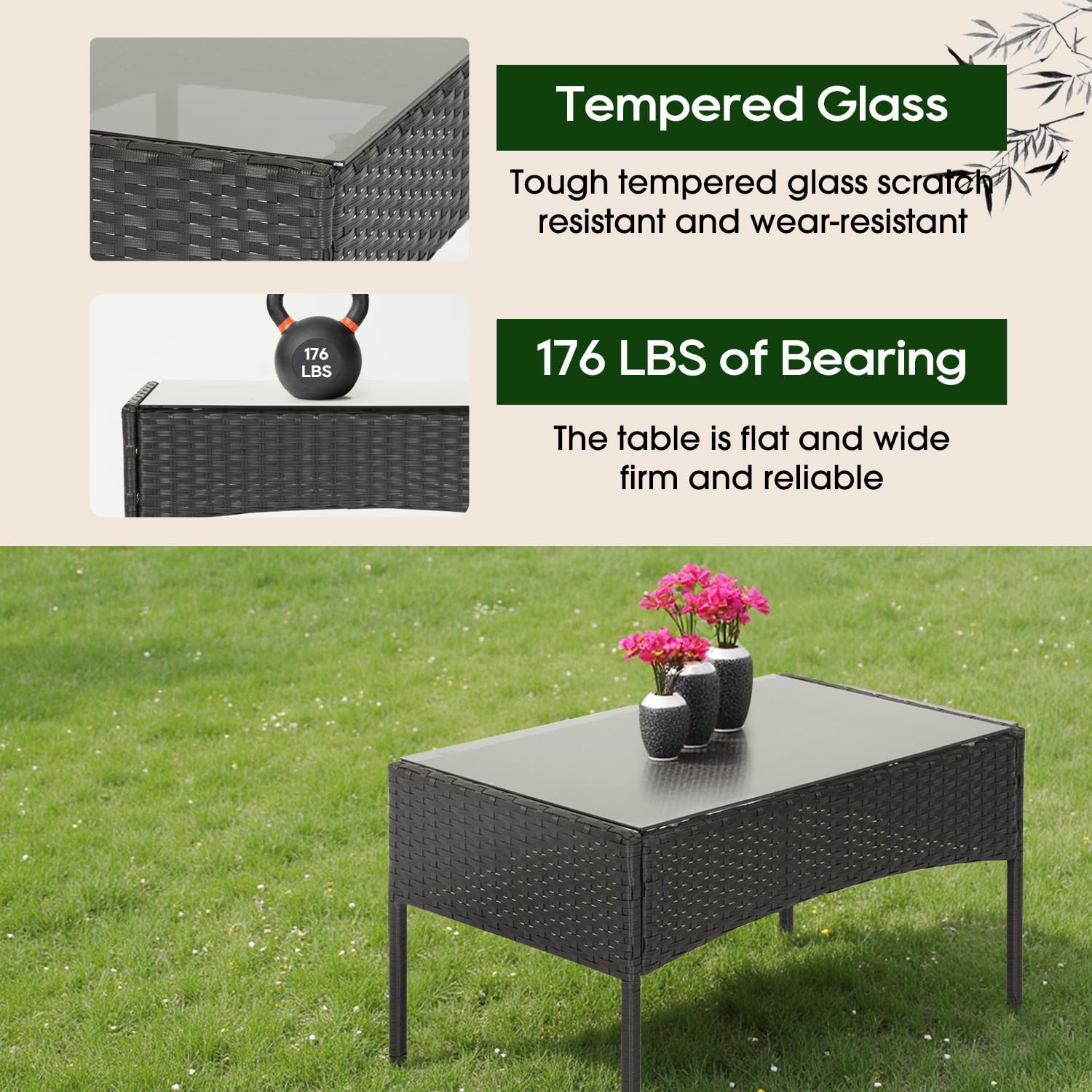 FDW 4-Piece Outdoor Patio Furniture Set – Black Wicker Rattan Chairs with Coffee Table, Weather-Resistant Seating for Porch, Garden, Lawn