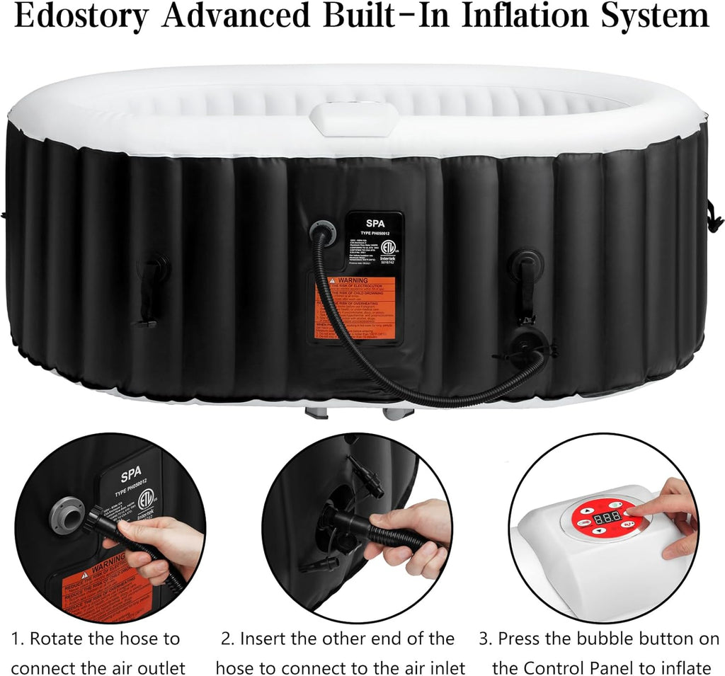 Edostory Hot Tub Inflatable Portable Oval Spa 2 Person Hot Tub with 90 Bubble Jets, Cover, Filter Cartridges, Pump, Black