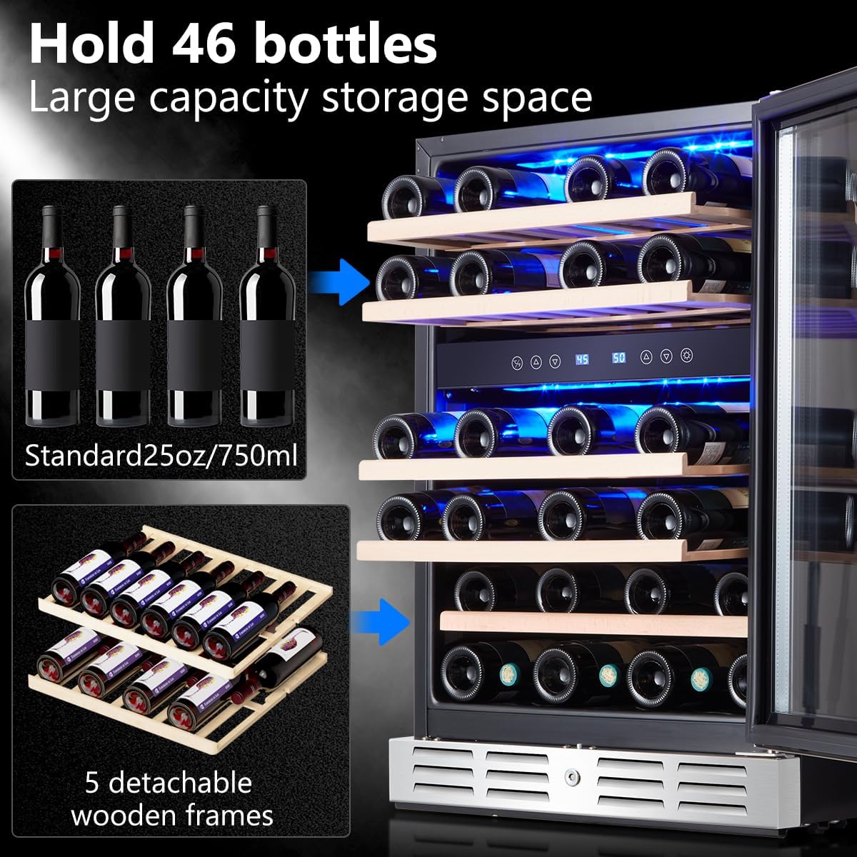 24-Inch Dual Zone Wine Cooler – 37 Bottle Built-In or Freestanding Refrigerator with Stainless Steel Reversible Glass Door
