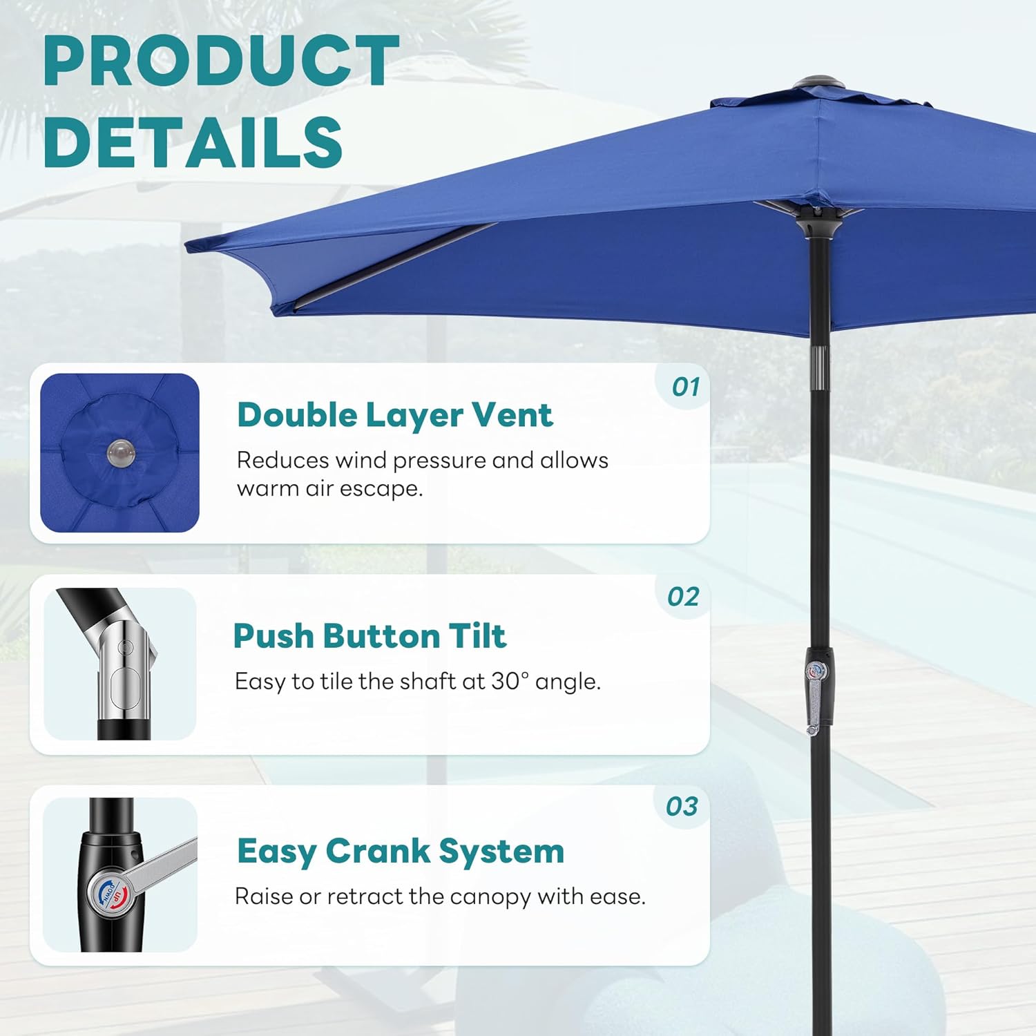 OLIXIS 7.5 ft Patio Umbrella – Tilt & Crank with 8 Sturdy Ribs, Waterproof Outdoor Umbrella for Pool, Terrace, Beach & Restaurant, Blue
