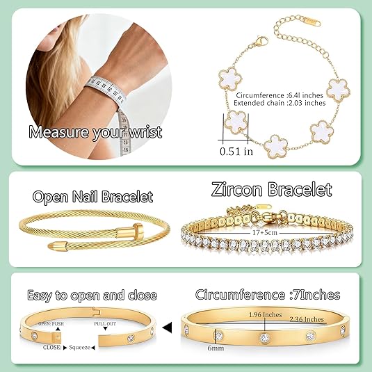 18K Gold Plated Women Tennis Bracelets Clover Nail Love Bangle Bracelet Set
