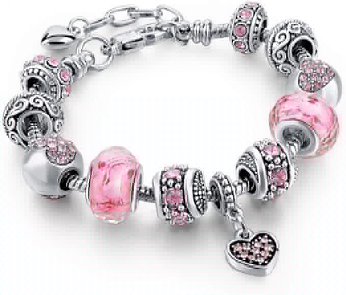 Capital Charms Pink Hearts Silver Plated Charm Bracelet Set