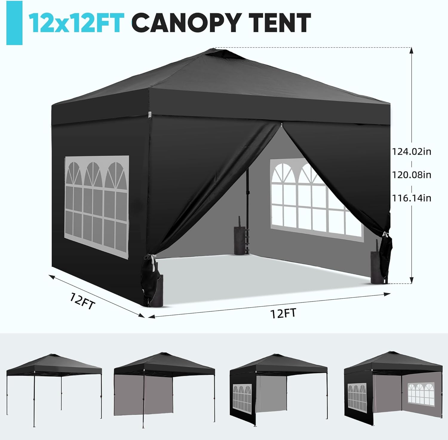 12x12 Pop Up Canopy Tent with 4 Sidewalls, Easy Set up with One Push Lift Gazebo with Wheel Bag and4 Sandbags,Carpas for Events, Parties,Camping, Black.
