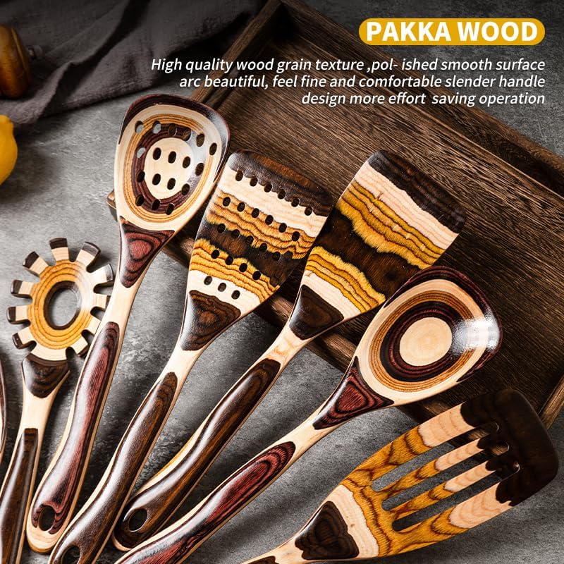 7-Piece Pakkawood Wooden Cooking Utensil Set – Brown Eco-Friendly Kitchen Spoons & Tools for Home Cooking