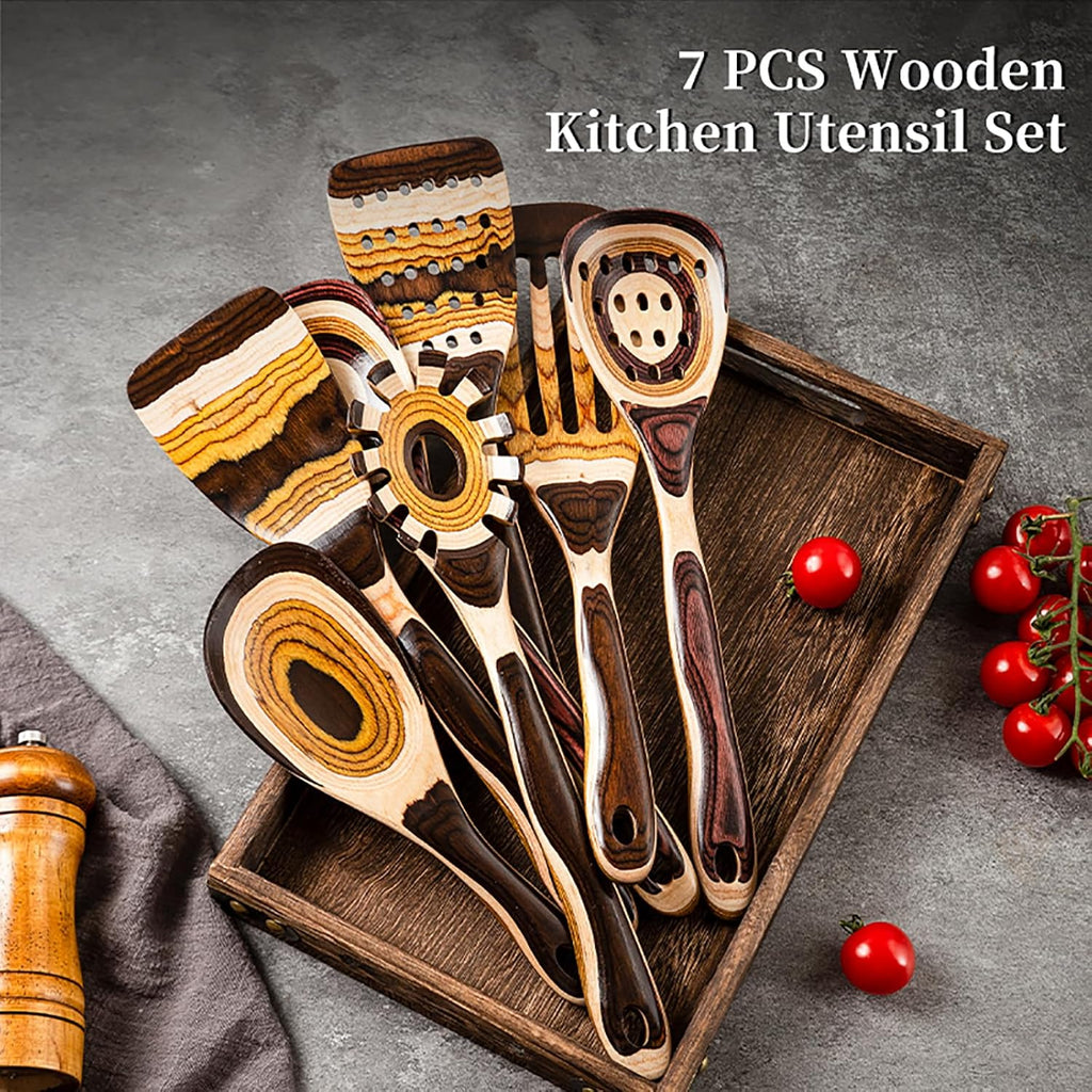7-Piece Pakkawood Wooden Cooking Utensil Set – Brown Eco-Friendly Kitchen Spoons & Tools for Home Cooking