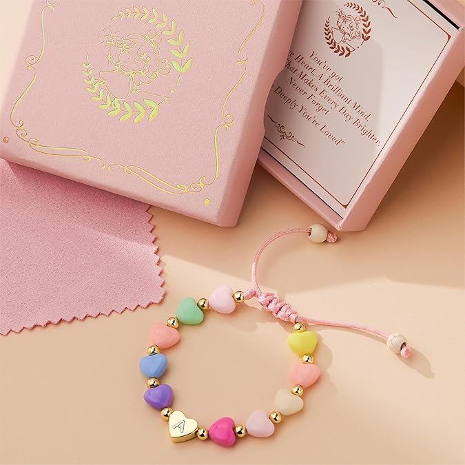 Initial Heart Bracelet for Letter Adjustable Beaded Charm Bracelet Colorful Acrylic Jewelry Gift