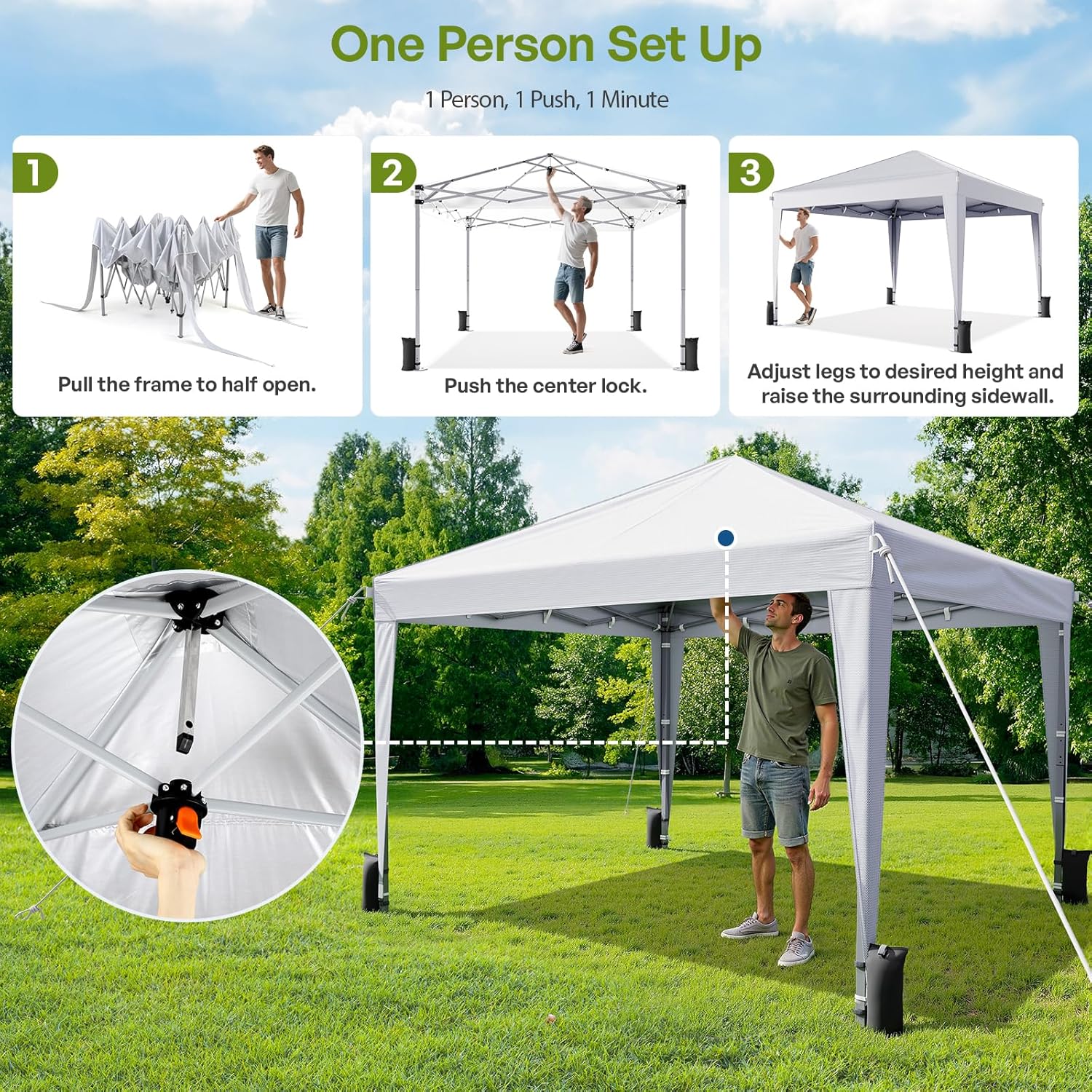 10x10 Pop Up Canopy with Sidewalls, Outdoor Instant Canopy Tent with Carry Bag for Commercial Events, Camping, Backyard Parties - White