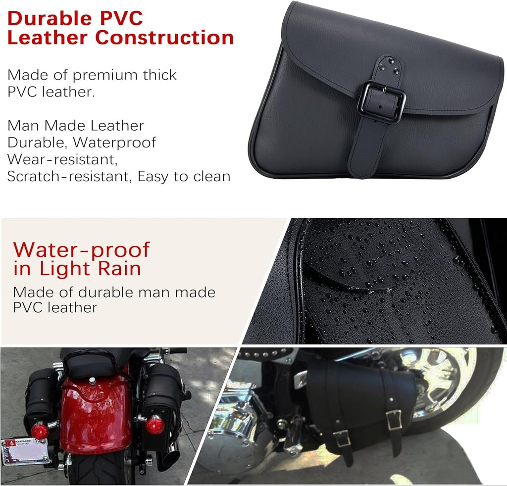 Left Side Motorcycle Swingarm Bag Black Synthetic Leather Tool Bag for Softail, Dyna, Low Rider, Fat Bob – Adjustable Strap