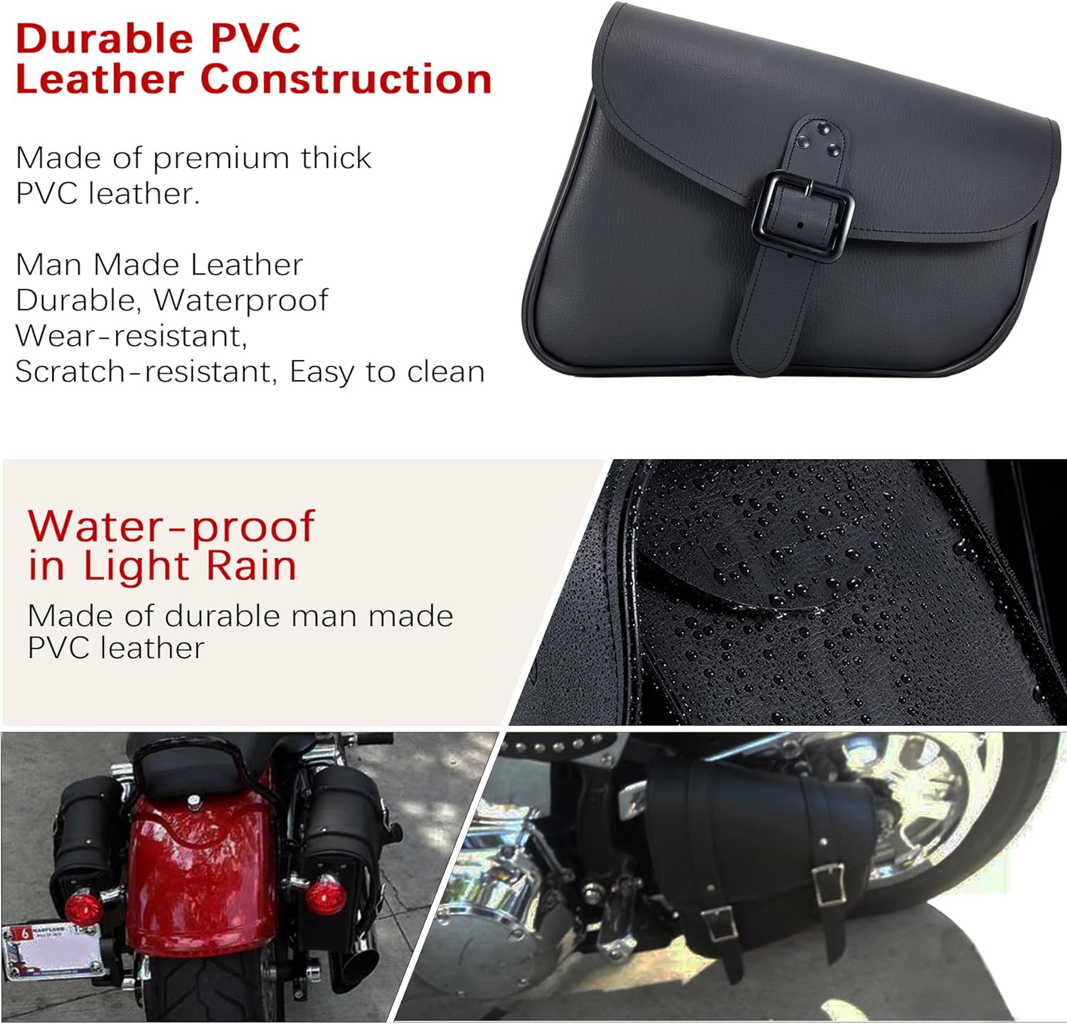 Left Side Motorcycle Swingarm Bag Black Synthetic Leather Tool Bag for Softail, Dyna, Low Rider, Fat Bob – Adjustable Strap
