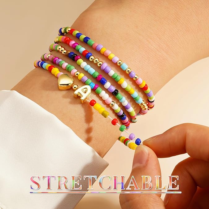 Colorful Initial Bracelet Set 5 Pieces A-Z Beaded Stackable Stretch Bracelets for Girls Women Jewelry Gift