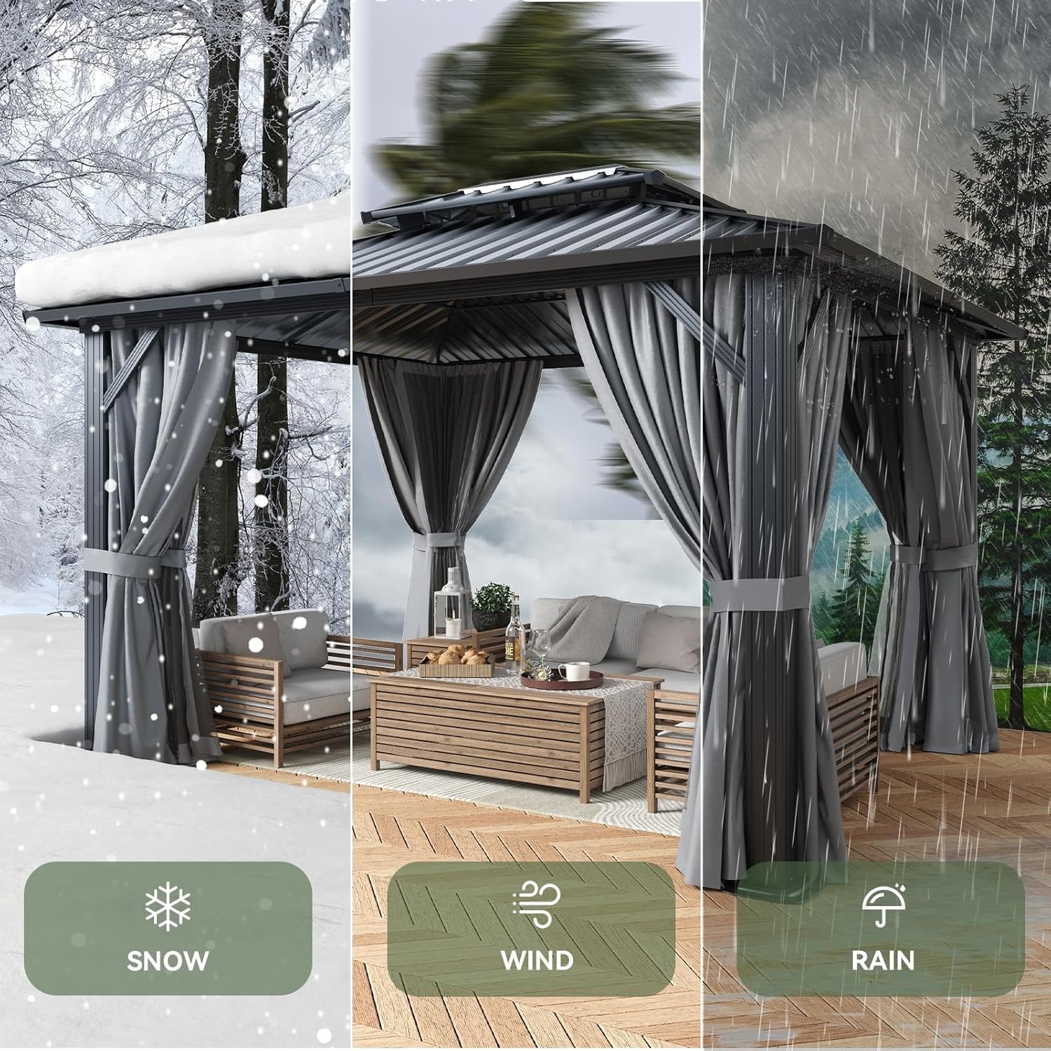 Hardtop Gazebo 10x12, Aluminum Frame Canopy with Double Galvanized Steel Roof, Outdoor Gazebo with Breathable Netting and Privacy Curtain for Backyard