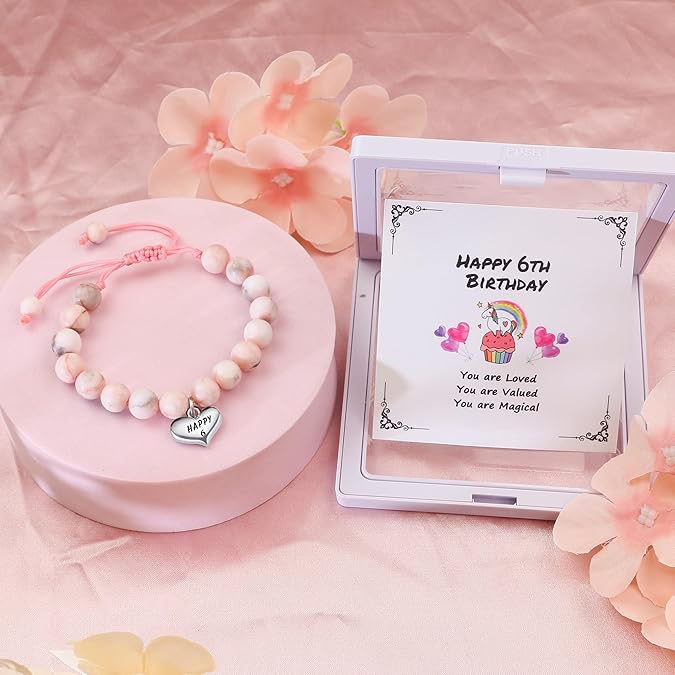 Birthday Bracelet for Girls – Pink Natural Stone Beaded Bracelet with Heart Charm, Adjustable Gift for Daughter