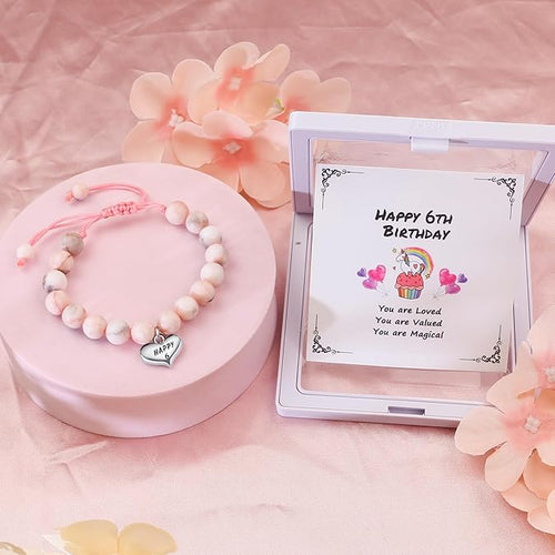 Birthday Bracelet for Girls – Pink Natural Stone Beaded Bracelet with Heart Charm, Adjustable Gift for Daughter